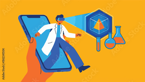 Scientist exploring virtual reality and augmented reality on smartphone