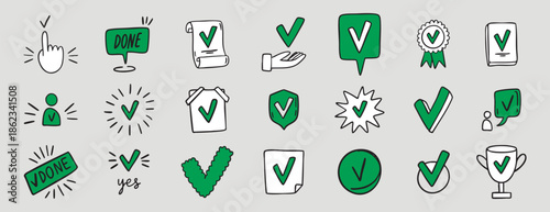 hand drawn doodle green and white colorful Set Approve Related Vector Line Icons. Contains such Icons as Protection Guarantee, Accepted Document, Quality Check. doodle. Suitable for stickers, logos,.