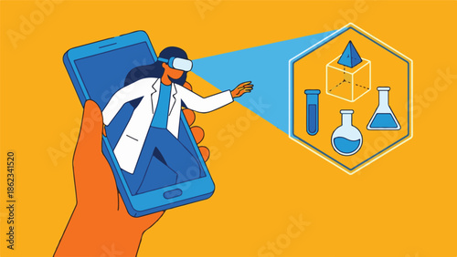 Mobile VR scientist with virtual lab experiments and 3D geometry