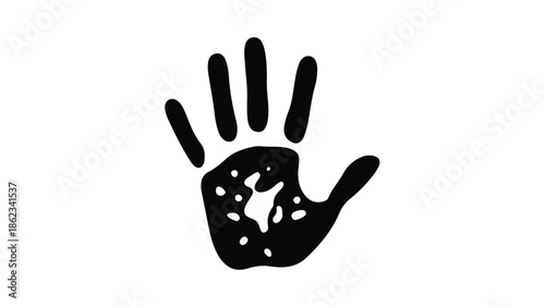 Abstract black handprint silhouette with textured palm on white background