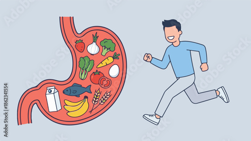 Nutrition and fitness: Healthy food inside stomach and active man running