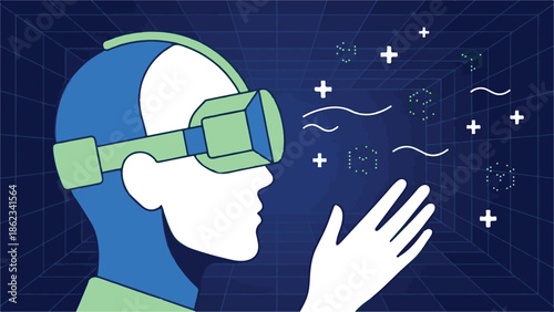 Person exploring virtual reality with VR headset and digital interface