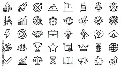 Business development and success line icons set