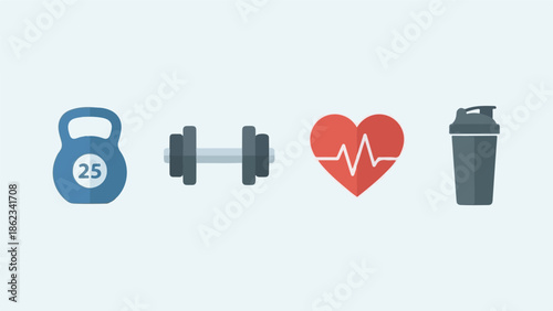 Flat Design Health and Fitness Concept Icons on Light Blue Background