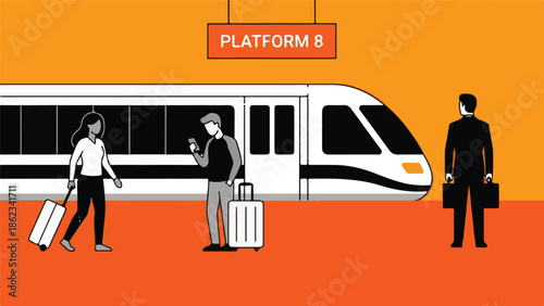 Flat design illustration of a modern train station with passengers