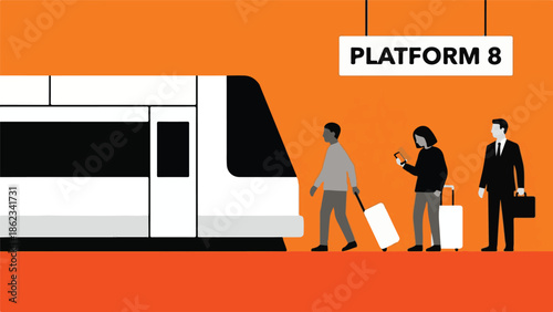 Minimalist illustration of people waiting for a train on Platform 8