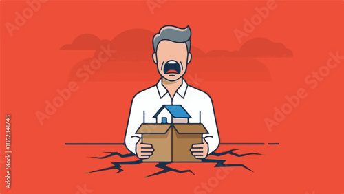 Distressed man holding house in cardboard box as ground cracks, housing crisis concept