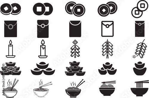 Chinese new year vector icon set with lanterns, coins, noodles and traditional symbols isolated on white background