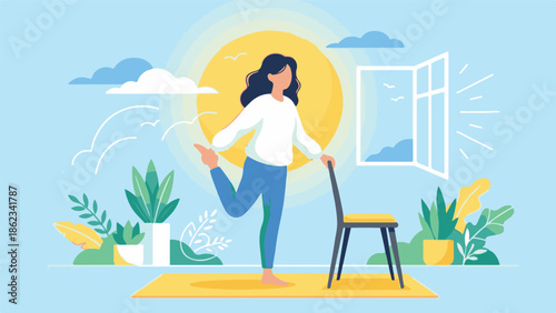 Woman stretching at home, doing morning exercise for health and well-being