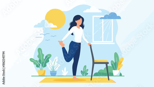 Woman doing leg stretch with chair support at home, healthy lifestyle