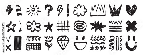 Graffiti sketch symbols set collection doodle hand drawn icon. Outline drawing crown star heart line clipart symbol.