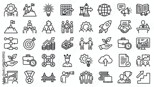 Business and success line icons: strategy, teamwork, growth, innovation