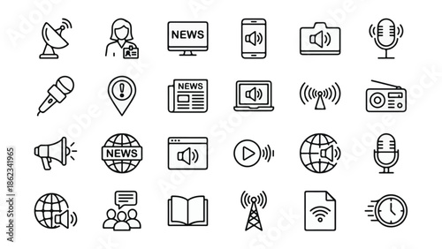 News and Media Communication Outline Icons Set