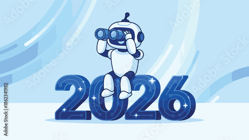 Cute AI robot looking through binoculars, forecasting future trends for 2026