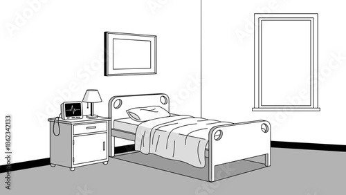 Monochrome bedroom scene featuring a bed and bedside table.