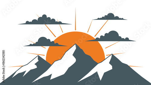 Mountain Peaks Silhouette with Rising Sun and Clouds Illustration.