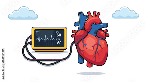 Human heart and ECG monitor displaying heartbeat and vital signs