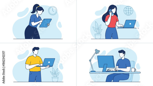 Diverse individuals engaged in remote work and digital tasks with technology