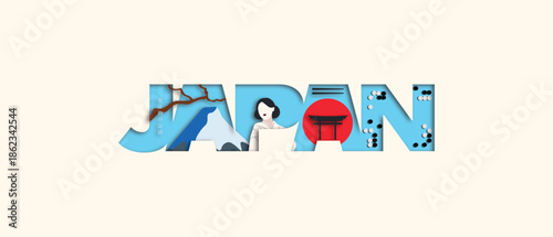 Creative typography illustration with word JAPAN filled with Japanese cultural symbols, landscape and traditional elements. Modern travel design for posters, branding and editorial use.