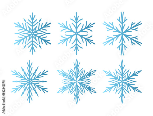 Set of six minimalist vector snowflakes with a blue gradient effect. Flat geometric design featuring various symmetrical crystal shapes isolated on a white background. Modern winter icons for holiday 