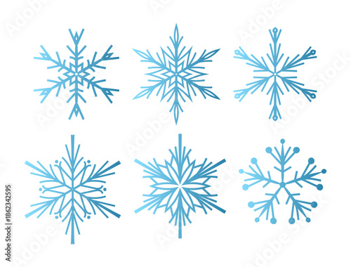 Set of six minimalist vector snowflakes with a blue gradient effect. Flat geometric design featuring various symmetrical crystal shapes isolated on a white background. Modern winter icons for holiday 