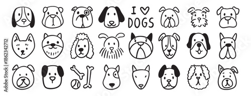 Dog doodle set, hand drawn puppy vector cute face animal clip art, children illustration, beagle husky bulldog, coloring, vet