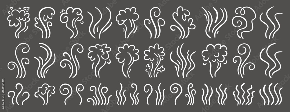 Fototapeta premium Hand drawn aroma vapor icons White line icon set on dark background hot aroma, cooking steam, smoke, odor and vapor