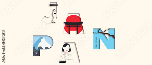 Minimalist Japan travel illustration set inspired by traditional Japanese culture. Geisha, torii gate, sakura branches, mountains and abstract landscapes combined with modern typography.