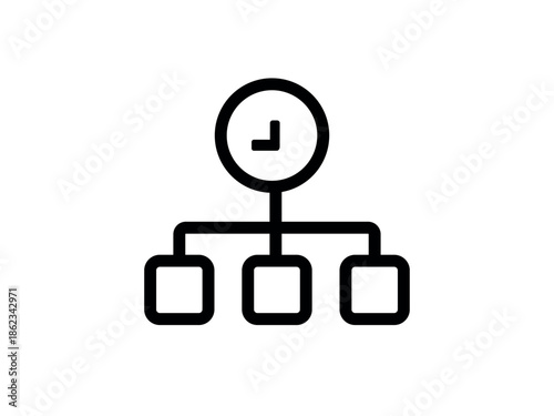 Vector icon of a clock connected to a hierarchical task structure, representing time-based workflow or scheduling in business and productivity contexts