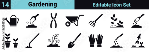 Black line icon set depicting gardening tools, plant care, sustainability, and growth in a minimal instructional style