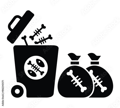 Black silhouette icon of fish waste disposal with trash bin and bags.