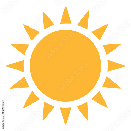 A bright yellow stylized sun icon with pointed triangular rays on a white background, representing warmth and light.