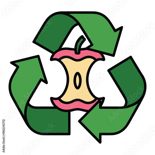 Green recycling symbol with an apple core, representing organic waste composting and environmental sustainability efforts.