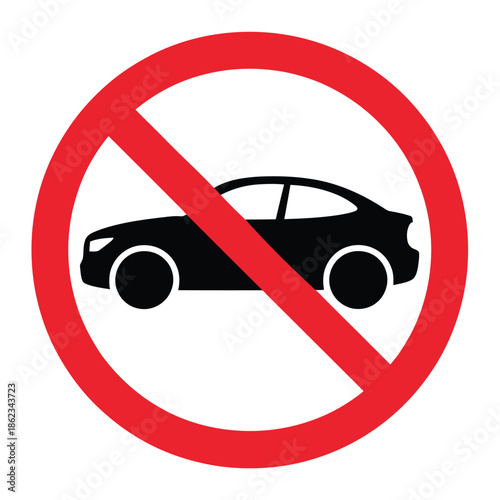 Red circular prohibition sign with a diagonal line over a black car silhouette, indicating no vehicles allowed.