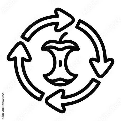 Outline icon depicting an apple core at the center of a circular arrow cycle, symbolizing organic waste composting or food waste recycling.