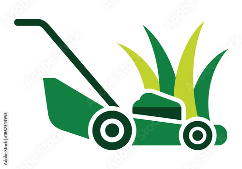 Stylized graphic illustration of a green push lawnmower cutting vibrant green and yellow grass on a white background.