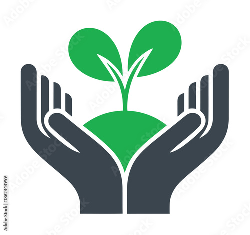 Two cupped hands cradling a vibrant green seedling growing from a small mound of earth, symbolizing growth, care, and environmental protection.