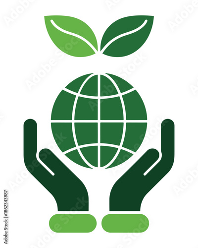 Stylized illustration of hands cradling a green globe with leaves, symbolizing environmental protection and global sustainability.