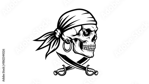 Pirate Skull with Bandana and Crossed Swords Illustration.