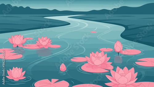 Pink Water Lilies Floating on a Calm River Serene Aquatic Scene.