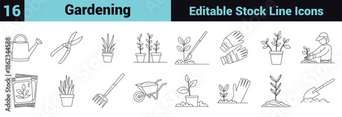 Black line icon set depicting gardening tools, plant care, sustainability, and growth in a minimal instructional style