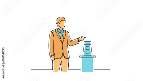 Presentation of a futuristic robot by a professional in a suit.