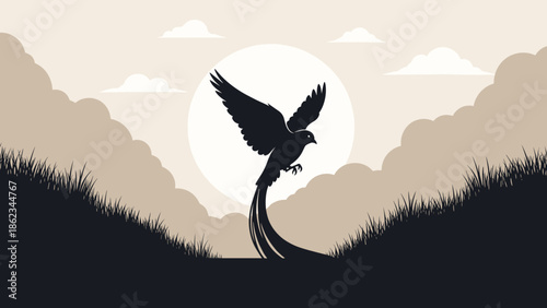 Quetzal Silhouette Majestic Bird in Flight Against a Muted Sky.