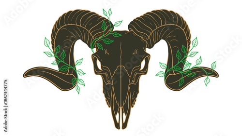 Ram Skull with Greenery A Symbolic and Decorative Illustration.