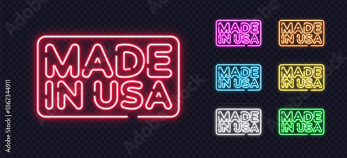 Neon MADE IN USA lettering set in six styles, great for product labels, branding, or patriotic designs.