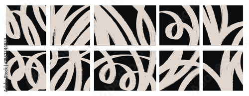 Minimalistic black doodle abstract background, hand drawn sketch collection of curves, lines, pattern shapes, stripes, freehand monochrome pastel geometric vector template, isolated light gray