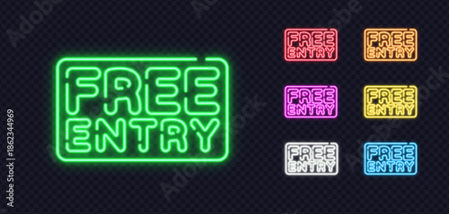 Collection of neon FREE ENTRY signs in bright colors, ideal for event promotions, party ads or invitation visuals.