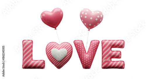 Pink 3D LOVE Letters With Heart Balloons For Valentines Day Love Romantic Isolated On Transparent Background