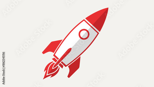 Red and White Rocket Ship Launching into Space with Fiery Exhaust.