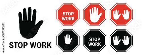 Stop work authority icon, stop hand icon over red polygon, vector illustration for safety warning, workplace regulation, hazard prevention, prohibition signage, and high ranking design template.